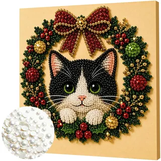 Weihnachts-Perlenbild Tiere 20cm, mit Rahmen selbstklebend DIY Bastelset | bringt in der Adventszeit festliche Stimmung ins Zuhause – direkt aufhängbar, ohne Werkzeug Katze Hund Tier