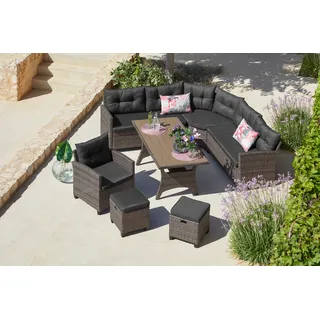 KONIFERA Gartenlounge-Set »Keros Premium«, (Set, 20 tlg., 2x 2er Sofa, 1x Ecke, 1x Sessel, 2x Hocker, 1x Tisch 145x75x67,5cm), Ecklounge, Polyrattan, Stahl, geeignet für 8 Personen, inkl. Auflagen, grau