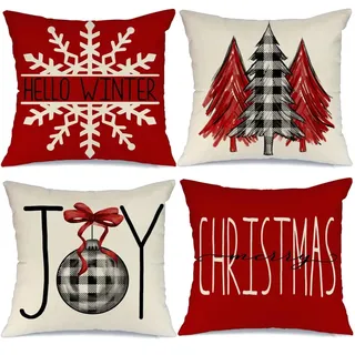 GEEORY Weihnachten Kissenbezüge 20x20 4er Set für Weihnachtsdekorationen Buffalo Plaid Weihnachtsbaum Freude Schnee Frohe Weihnachten Kissen Winter Urlaub Wurfkissen Weihnachten Bauernhaus Dekor für