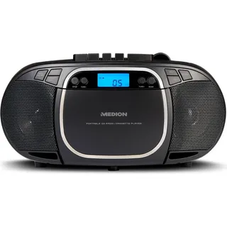 Medion E66476 Stereo Sound System (Boombox, CD-Player, MP3, Kassette, tragbarer Kassettenspieler für Kinder, UKW Radio, AUX, Kopfhörer, Netz & Batterie) schwarz - Schwarz