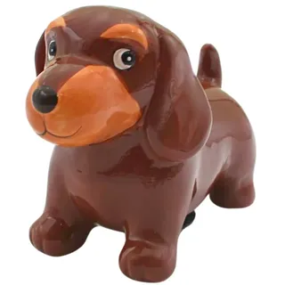 Spardose Hund, Hundespardose, Kindersparbüchse Dackel, Sparschwein Dackel, Sparfigur, Kinderspardose, Spartier, Spardackel, Dekodackel mit Sparfunktion aus Keramik in braun, L/B/H 9 x 18 x 13 cm.
