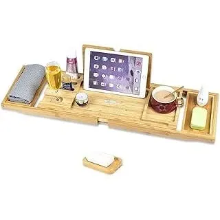 Ausziehbare Badewannenablage aus Bambus| Badewannenbrett Ausziehbar mit Weinglashalter|Badewannentablet Badewannenbrett Bambus |Badewannentisch mit Seifenschale und iPad-Ständer Badewannenauflage