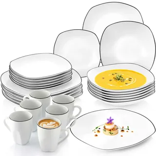 Sänger Geschirrset,Porzellan Kombiservice Bilgola Black Rim 24 teilig für 6 Personen , Weiß, Schwarz , Keramik , 24-teilig , Rund , 50x30x80 cm , kratzfest , Geschirr, Geschirrsets, Tafelservice
