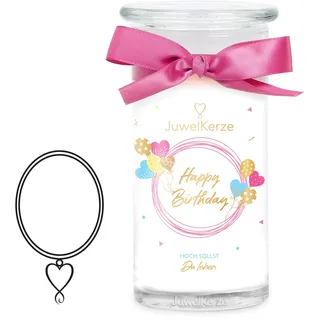 JuwelKerze Happy Birthday Halskette Silber - Schmuckkerze 80 Std - Große Duftkerze mit süßem Duft - Weiße Kerze mit Schmuck Überraschung - Geschenke für Frauen, Geburtstag