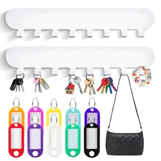 2 Satz Schlüsselhalter Wand in Weiß mit Insgesamt 16 Schlüsselhaken | Selbstklebend und Ohne Bohren mit 10 Farbigen Etiketten Ideal als Platzsparendes Schlüsselbrett für Diele oder Wohnzimmer