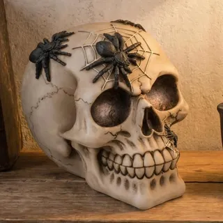 MIJOMA Spardose im Totenkopf-Design – Handbemalte Schädel-Spardose aus Polyresin mit Sicherheits-Schloss – Stilvolle Aufbewahrung für Ersparnisse (mit Spinnen)