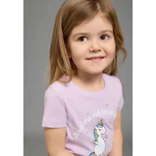 T-Shirt KIDSWORLD "Mit Einhorn-Druck und Glitzereffekten", Mädchen, Gr. 116/122, flieder, Jersey, Obermaterial: 100% Baumwolle, bedruckt, Basic hüftlang, Rundhals, abgesteppte Kante, Shirts T-Shirt, mit stylischem Einhorn-Print