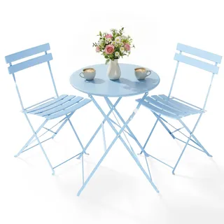 Clevich Bistro Set Balkon Metall, Balkonmöbel Set 3 teilig, Bistrotisch mit 2 Stühlen, Gartenmöbel-Set Outdoor Sitzgruppe, Faltbar und Wetterfest, für Gärten, Terrassen, Blau