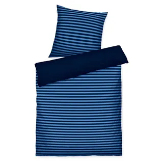 TOM TAILOR Renforcé-Bettwäsche, 80x80 cm + 135x200 cm, 100% Baumwolle, Wendemotiv und farbiger Markenreißverschluss, MEDIUM STRIPES Blau (Dark Navy & Cool Blue) - Blau