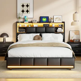 Gepolstertes Doppelbett 160 x 200 cm mit LED-Beleuchtung und USB-Ladeanschluss, Funktionsbett, Schwarz - Schwarz