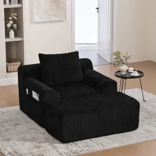AIORBER XXL Cord Sessel Lesesessel mit Kissen, Relaxsessel 1-Sitzer mit Seitentaschen, weich gepolstert, ohne Montage, moderner Loungesessel Schwarz - Schwarz