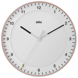 Braun Klassische große analoge Wanduhr geräuschlosem Sweep-Uhrwerk, leicht ablesbar, 30 cm Durchmesser in Rosé und Weiß, Modell BC17PW.