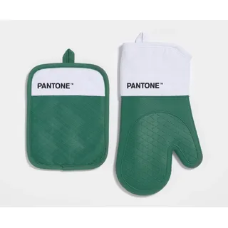 PantoneTM Kochset bestehend aus Ofenhandschuh + Topflappen, aus Baumwolle mit rutschfestem Silikongriff, nützliches Küchenzubehör, hitzebeständig bis 250 °C, Weiß/Grün