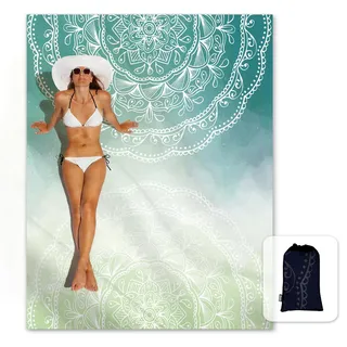 SunLit Silky Soft Boho Sand Proof Beach Blanket Sand Proof Mat with Corner Pockets and Mesh Bag 6' x 7' for Beach Party, Travel, Camping and Outdoor Music Festival, Tiffany Green Mandala