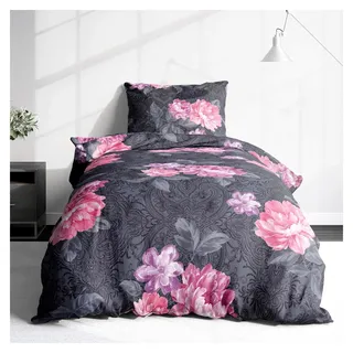 Biber Bettwäsche Set 2tlg 135x200 cm + 80x80 cm – Rosen Fein-Biber Bettwäsche Grau – Flauschige Winterbettwäsche mit Blumen – Atmungsaktiv, Reißverschluss – 100% Baumwolle - Grau