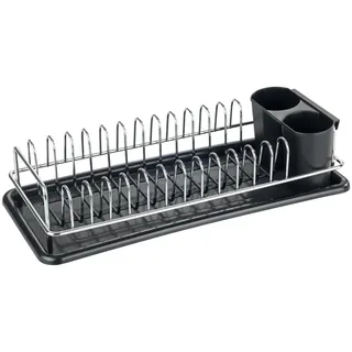 WENKO Geschirrabtropfer Single, kompaktes Abtropfgestell für Geschirr mit Abtropfschale, abnehmbarem Besteckkorb für kleine Küchen, Gestell aus verchromtem Metall, 40x10x18cm, Schwarz/Silber, 69982800