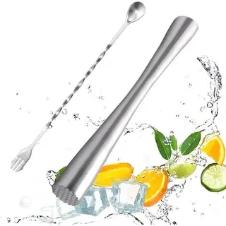Ibenzoa® Edelstahl-Cocktailset – Stößel, Rührlöffel & Eisbrecher für Bar & Zuhause, Stößel 26 cm (Ø 3,2 cm), silber, 1x Stößel/1x Rührlöffel, 180 g