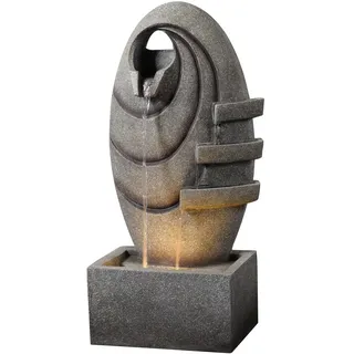 Teamson Home Garten Outdoor Brunnen Moderner Ovaler Brunnen mit warmen LED-Lichtern, Einstellbarer Fluss, Robustes dunkelgraues Steinoptik-Finish