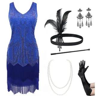 BABEYOND Damen Flapper Kleider 1920er Jahre V-Ausschnitt Perlen Fransen Great Gatsby Kleid, Set - Blau, S