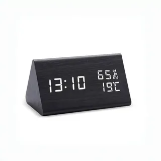ThreeH Digitaler Wecker für Nachttisch Elektrische Uhr aus Holz Feuchtigkeits und Temperaturerkennung Dimmbar 3 Alarmeinstellungen Schwarz_Weiß
