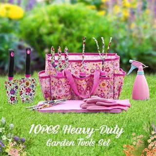 Unyqoos® 10‐teiliges Gartengeräte-Set – Komplettset mit rutschfesten Gummigriffen, rostfreiem Stahl, Aufbewahrungstasche, Handschuhe & Vintage-Blumenmuster