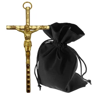 Lunexus Wandkreuz Metall 11 cm Gold - Katholisches Metallkreuz gesegnet - Kruzifix INRI Gravur, Türrahmen, Andachtsraum, Wohnzimmer - Christliches Wandkreuz mit Samtsäckchen & spiritueller Bedeutung
