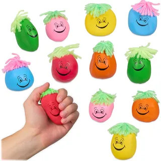 Relaxdays Stressball 6 cm, 12er Set, Grimasse/Haare, Antistressball knetbar für Kinder, Erwachsene, Knautschball, bunt - Blau