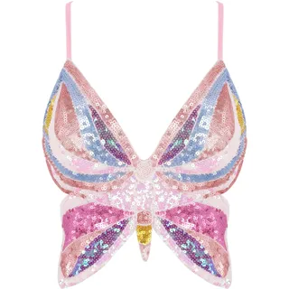 Mocure, glitzerndes Pailletten-Bauchfreies Damen-Top mit Schmetterlingsmuster, tief ausgeschnittenes Tanktop, Rave-Röhren-Top, geeignet für Bauchtanz-Kostüme, Einheitsgröße