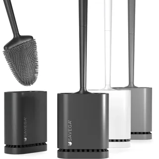 SAVEGA - Silikon Klobürste mit flachem und biegsamem Kopf - Toilettenbürste aus Silikon mit schnell trocknendem Halter - Moderne WC Bürste für die Wandmontage ohne Bohren (schwarz, matt) - 1er Set