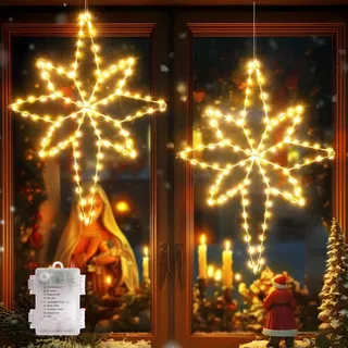 Quntis 2 Set Weihnachtssterne faltbar 58cm große Stern 236 LED Fensterdeko | Mit Batterie Timer Haken IP44 Weihnachtsdeko Innen Außen Warmweiß Metall Weihnachtsbeleuchtung Outdoor Fenster Tür Wand