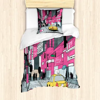 ABAKUHAUS New York Bettbezug Set für Einzelbetten, Blick auf Manhattan und Taxi, Milbensicher Allergiker geeignet mit Kissenbezug, 135 cm x 200 cm - 80 x 80 cm, Grau Teal Rosa - Grau