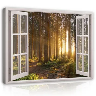 Leinwand Bilder Wald Fenster Natur Leinwandbild XXL Wandbilder Wandbild Wohnzimmer - 100x75 cm | Premium Leinwand