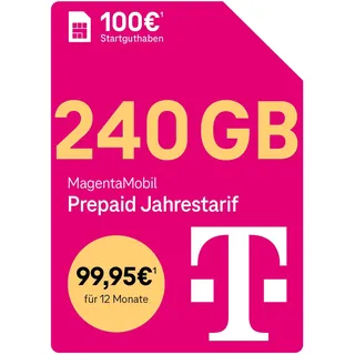 Telekom MagentaMobil Prepaid Jahrestarif 240 GB (20GB/Monat) | 5G/LTE Max & Allnet Flat in alle dt. Netze | unverbrauchtes Datenvolumen weiter nutzen | EU Roaming & Hotspot Flat | 100EUR Startguthaben