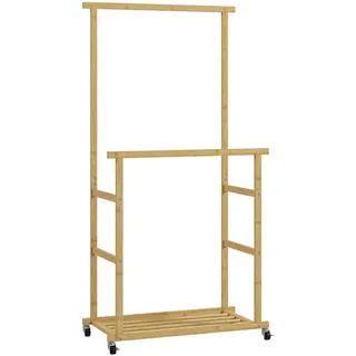 Homcom Kleiderständer mit Rollen Garderobenständer mit Kleiderstange Schuhablage Bambus , Naturfarben , Naturmaterialen , 40x160x80 cm , Garderobe, Garderobenständer