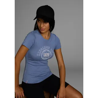 T-Shirt KANGAROOS, Damen, Gr. 36/38, blau, Rippware, Obermaterial: 100% Baumwolle, bedruckt, unifarben, Basic hüftlang, Rundhals, Shirts T-Shirt, mit sportlichem Druck, Topseller