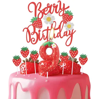 Erdbeere 9 Geburtstagskerzen, rote Erdbeere Nummer 9 Kerze für Kuchen, rote Beere Geburtstagskuchenaufsätze mit weißen Blumen, Erdbeer Themen für Mädchen und Jungen 9th Geburtstag Dekorationen