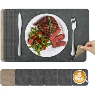 KitchenBoss Tischsets Abwaschbar Platzdeckchen und Untersetzer:6 Set Platzsets Abwaschbar rutschfest Hitzebeständig Doppelseitigen Tischset mit PVC Esszimmer (Grau Aprikose) 43x30cm