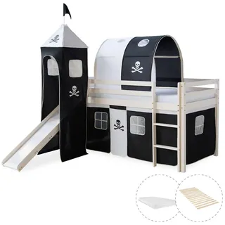 Homestyle4u Hochbett 90/200 cm Pirat mit Lattenrost + Matratze , Weiß, Schwarz , Holz , Babymöbel & Kindermöbel, Kinderzimmer & Jugendzimmer, Kinderbetten, Hochbetten