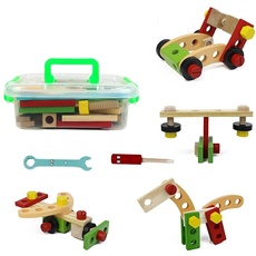 Bild von Spielzeug Holzbausteine Bauklötze Werkbank Werkzeugkoffer Holzspielzeug Kinderspielzeug Lernspiele ab 3 4 5 Jahren Geschenk für Mädchen Jungen Kinder