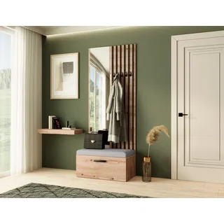 Garderobe MARGARET II , Farbe: Artisan + Schwarze Lamellen + Grau, mit Spiegel - Schwarz, Grau, Braun