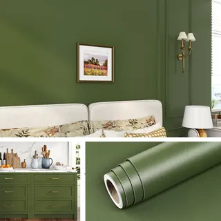 Livelynine Tapete Grün Matt 40CMx10M Klebefolie Möbel Grün Matt Wasserfest Selbstklebende Folie Matt Grün Küche Badezimmer Wand Grüne Tapete Schlafzimmer Wohnzimmer Möbelfolie Grün Uni Olivegrün
