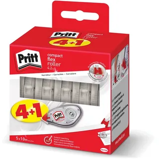 PRITT Korrekturroller Compact Flex, sofort überschreibbar, einfache Anwendung durch flexible Spitze, Bandlänge 10 m, Bandbreite 4,2 mm, 5-er Pack Spar-Set, 2382016, Weiß