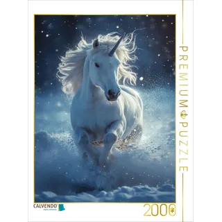 CALVENDO Puzzle Winterspuren: Ein weißes Einhorn im blauen Schneetanz | 2000 Teile Lege-Größe 90x67cm Foto-Puzzle für glückliche Stunden
