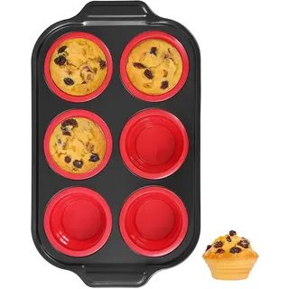 Toptrend Muffinform Silikon mit Metallrahmen, Muffin Backblech 31 x 18 cm, beschichtet, Standardgröße, Cupcake Formen, Muffinblech für 6 Muffins, Rot