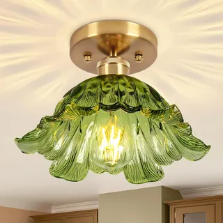 Vloitgol Deckenleuchte Vintage mit lampenschirm Grüne glas, E27 25cm, halbbündige Grüne Deckenlampe vintage blumen Glas für Schlafzimmer Flur Küche Esszimmer Wohnzimmer (Glühbirne nicht enthalten)