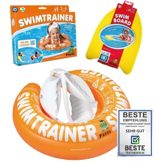 FREDS SWIM ACADEMY SWIMTRAINER Classic Orange + SWIMBOARD – Schwimmset für Kinder von 2 bis 6 Jahren, aufblasbare Schwimmhilfe & Schwimmbrett zur Wassergewöhnung und Schwimmförderung
