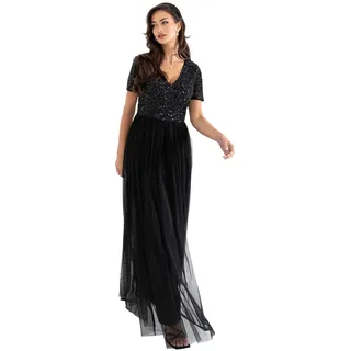 Maya Deluxe Damen Ballkleid Abendkleid V-Ausschnitt Maxi Länge Pailletten Kurze Ärmel Für Hochzeit Geburtstag Brautjungfer Bridesmaid Dress, Schwarz, 40 EU