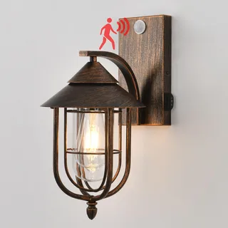 Pageone Industrial Aussenlampe mit Bewegungsmelder 3 Beleuchtungsmodi, Schwarz Gold Außenlampe aus Metall Käfig und Glas Schirm, Lampe mit Bewegungsmelder Aussen Vintage für Terrasse (Schwarz Gold)