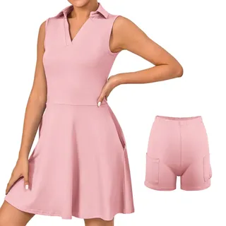 Bezioner Tenniskleid Damen mit Hose Sportkleid Frauen Ärmellos Golfkleid Damen mit Taschen Tennis Outfit Rosa L