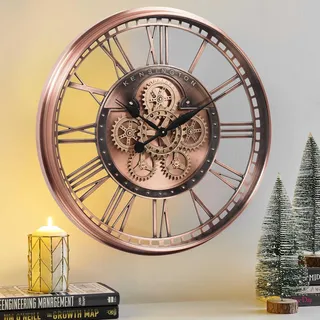 Wanduhr mit echtem Bewegungsgetriebe Zahnrädern, modern, 53,3 cm, industriell Steampunk, groß, Metall,Wanduhr für Wohnzimmer, Dekor, Büro ,Küche, antike Bronze, Kupfer römische oder arabische Ziffern